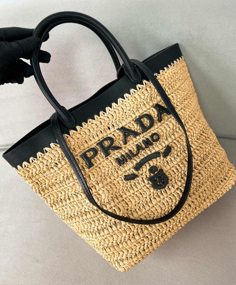 Prada Small Crochet And Leather Tote Bag 1BG500 Apricot